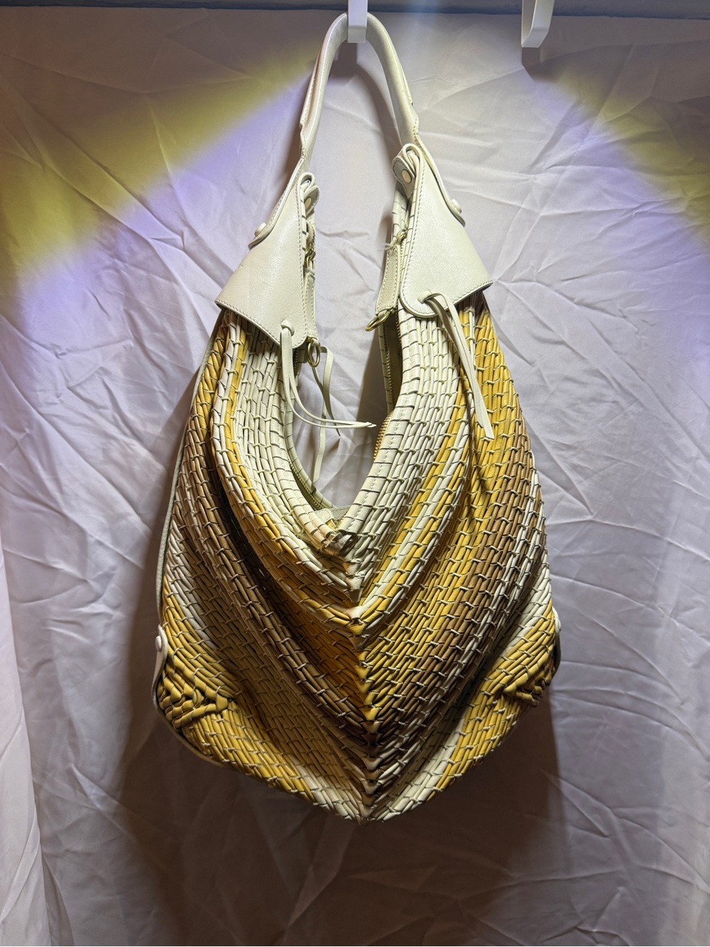 Salvatore Ferragamo Yellow and Cream Woven Chevron Shoulder Bag